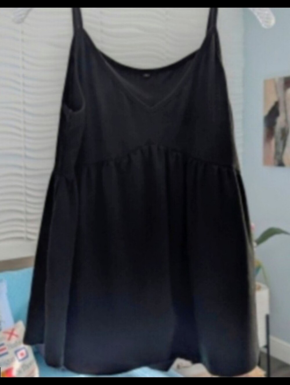 Black knit tank Cami Top spaghetti straps flared empire waist Camisole